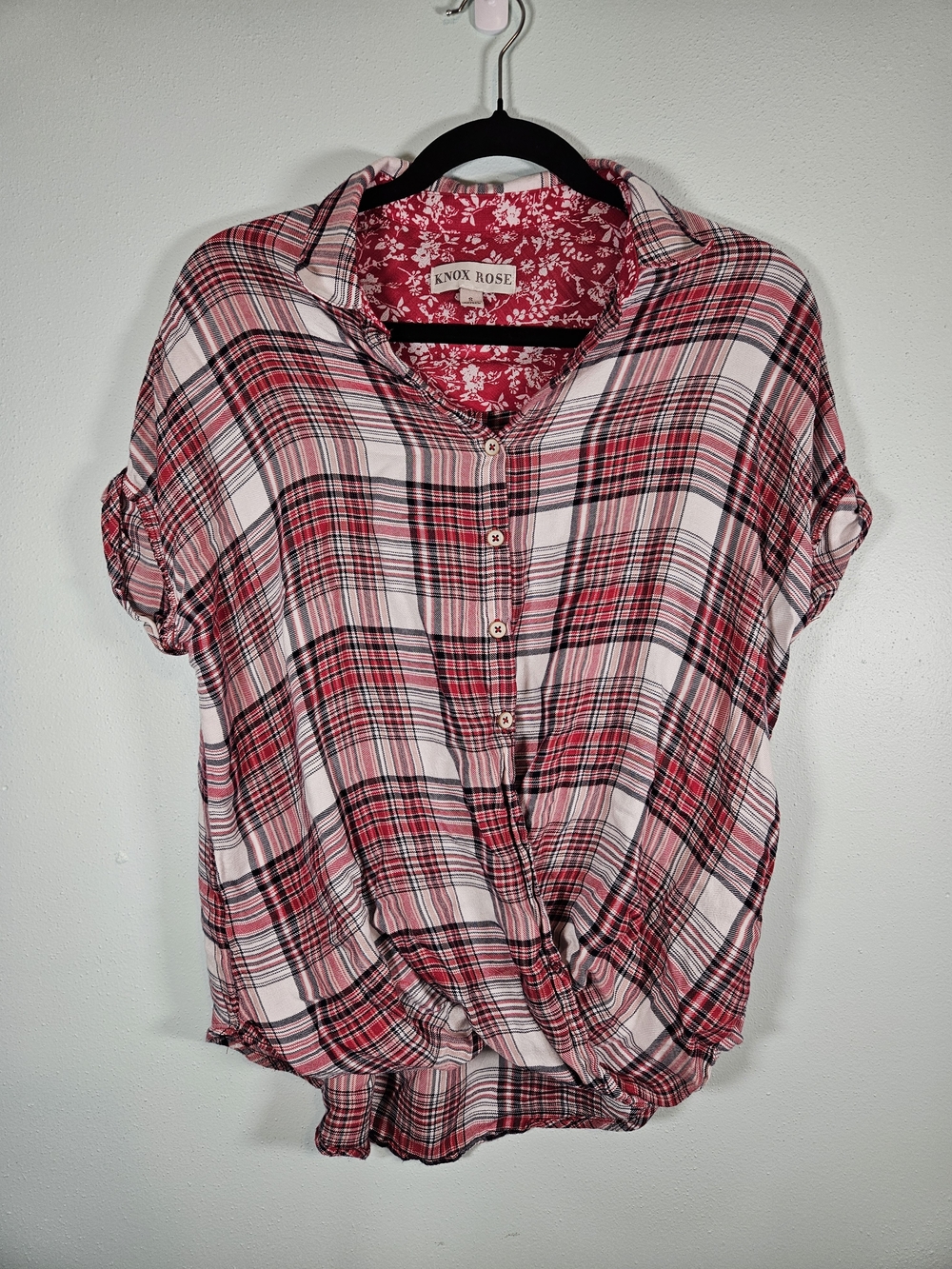 Knox Rose Pink and Red Plaid Short Sleeve Button-Front Shirt